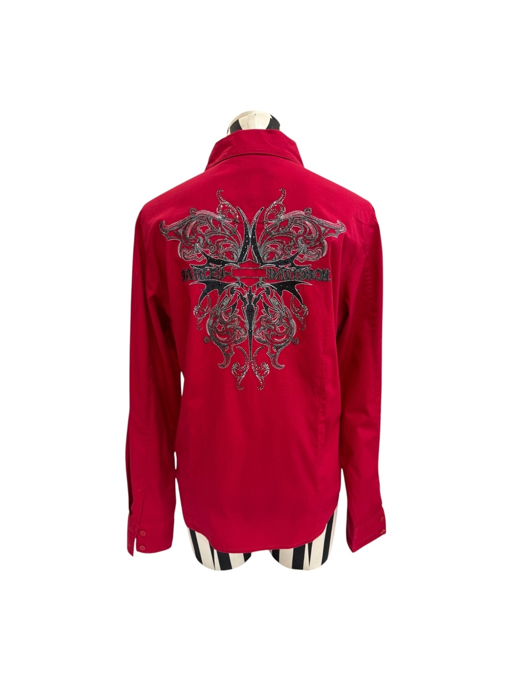 Harley Davidson Red Button-Up Shirt w/ Black Butterfly Graphic on the Back